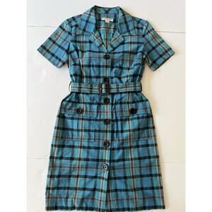 Pendleton Belted Shirt Dress 4 Petite Blue Plaid 50s Style Retro Buttoned